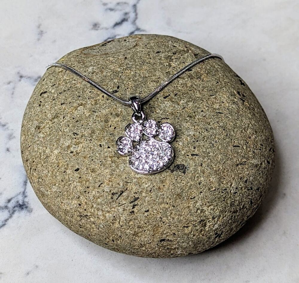 Animal Paw Print Necklace White Gold Plated Pendant with Crystals